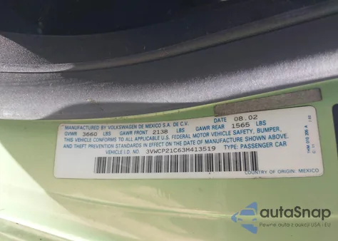 2003 Volkswagen New Beetle Gls Tdi from USA, damaged, VIN 3VWCP21C63M413519